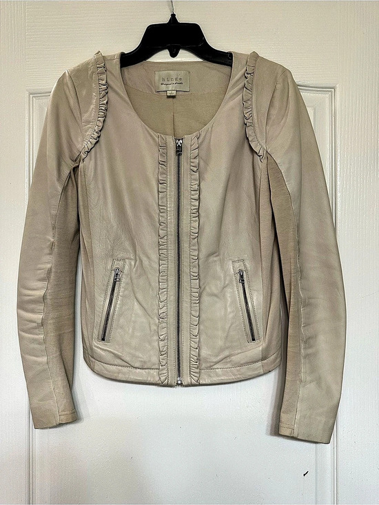 hinge Jackets & Blazers - Hinge Ruffle Trim Leather Jacket Beige Small